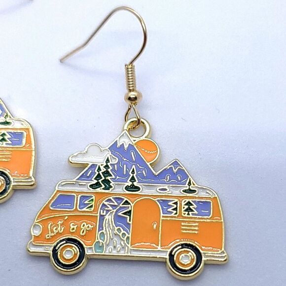 Let's Go Mini Van VW Bus Dangle Drop Mountain Adventure Landscape Enamel Jewelry - Picture 4 of 6
